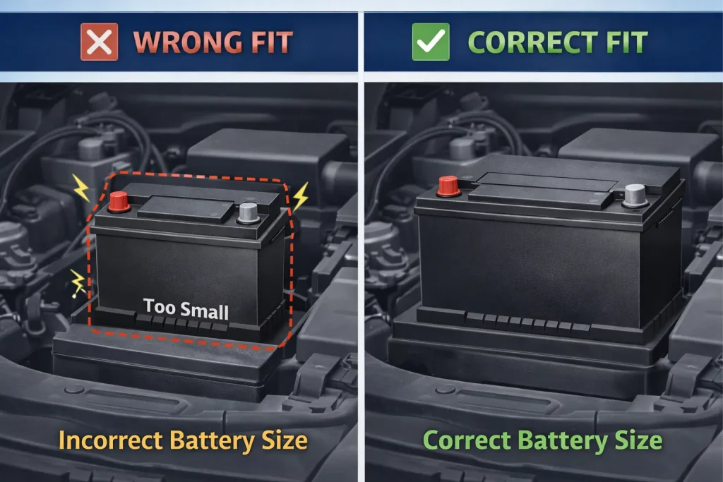 correct vs incorrect car battery size comparison