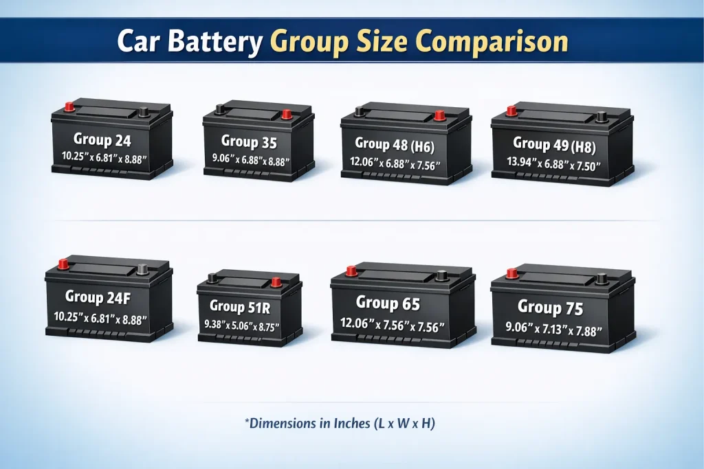 car battery size chart with group numbers and dimensions