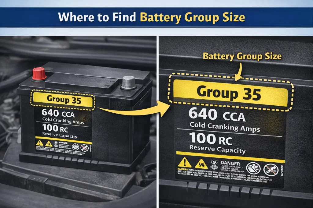 where to find car battery group size on battery label